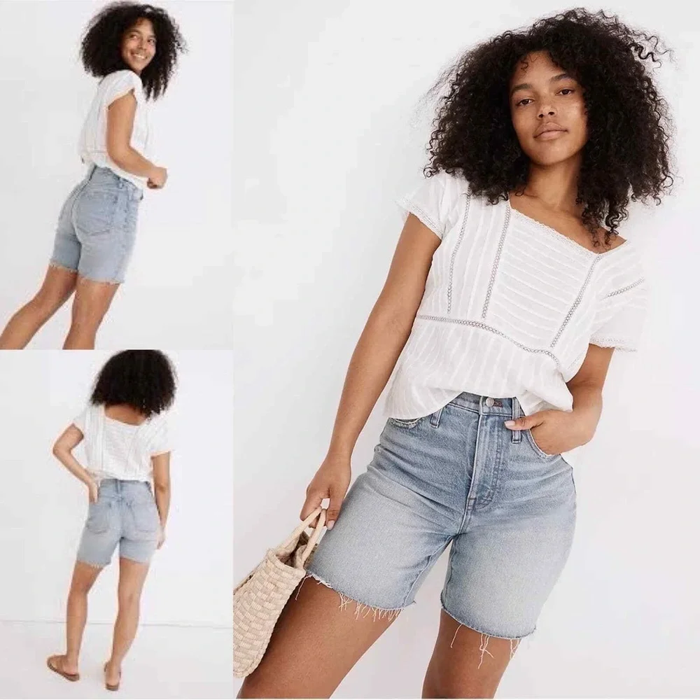 Madewell Blue Denim Jean HIGH Rise Mid Lenght Shorts Cotton Blend Raw Hem